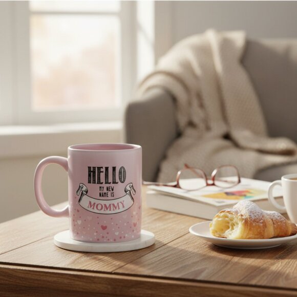 Kelli's Shop 6" 12- Ounce " Hello My New Name is Mommy" Pink Ceramic Mug - Picture 1 of 6
